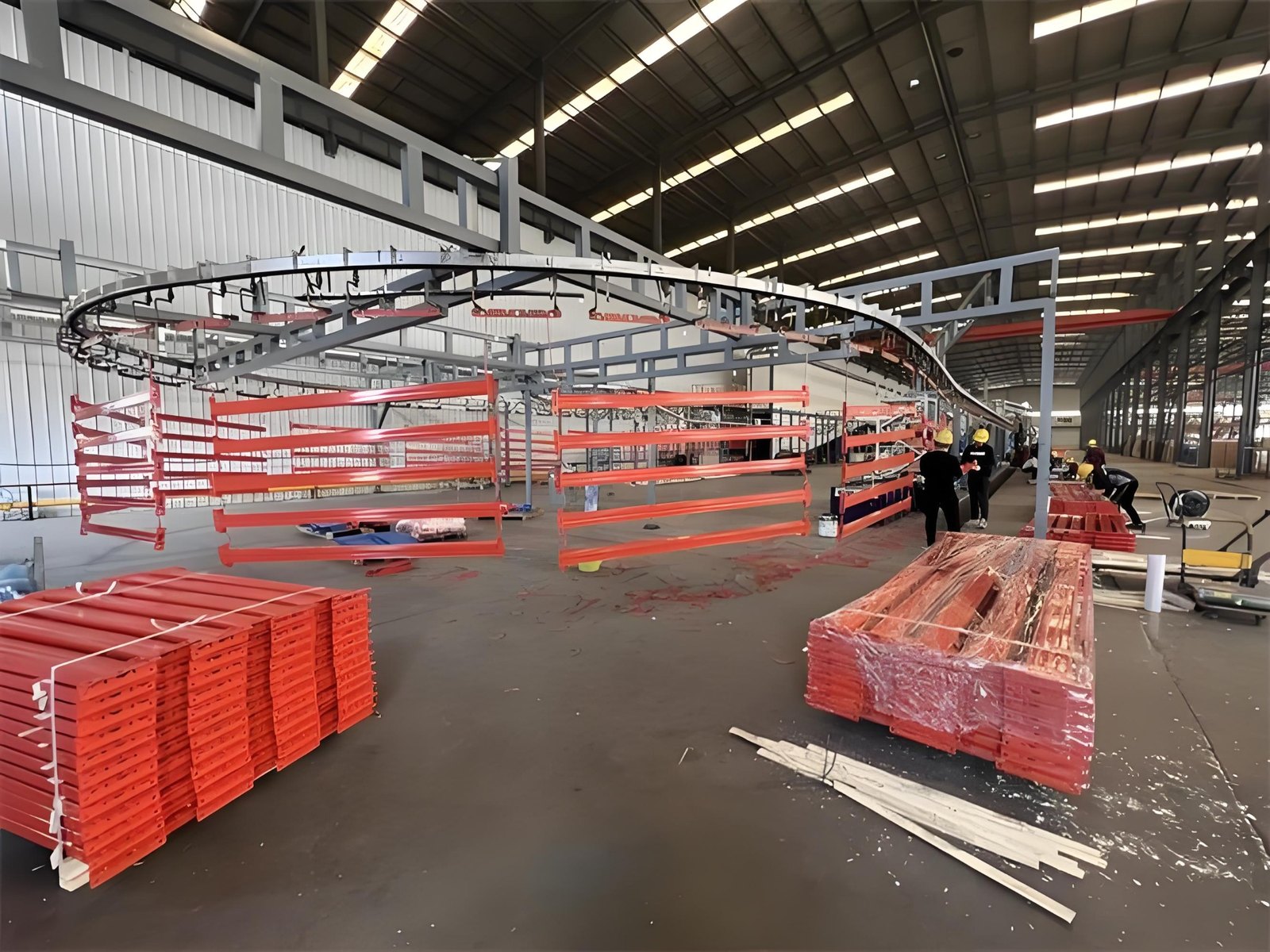 Warehouse racking components during surface treatment process