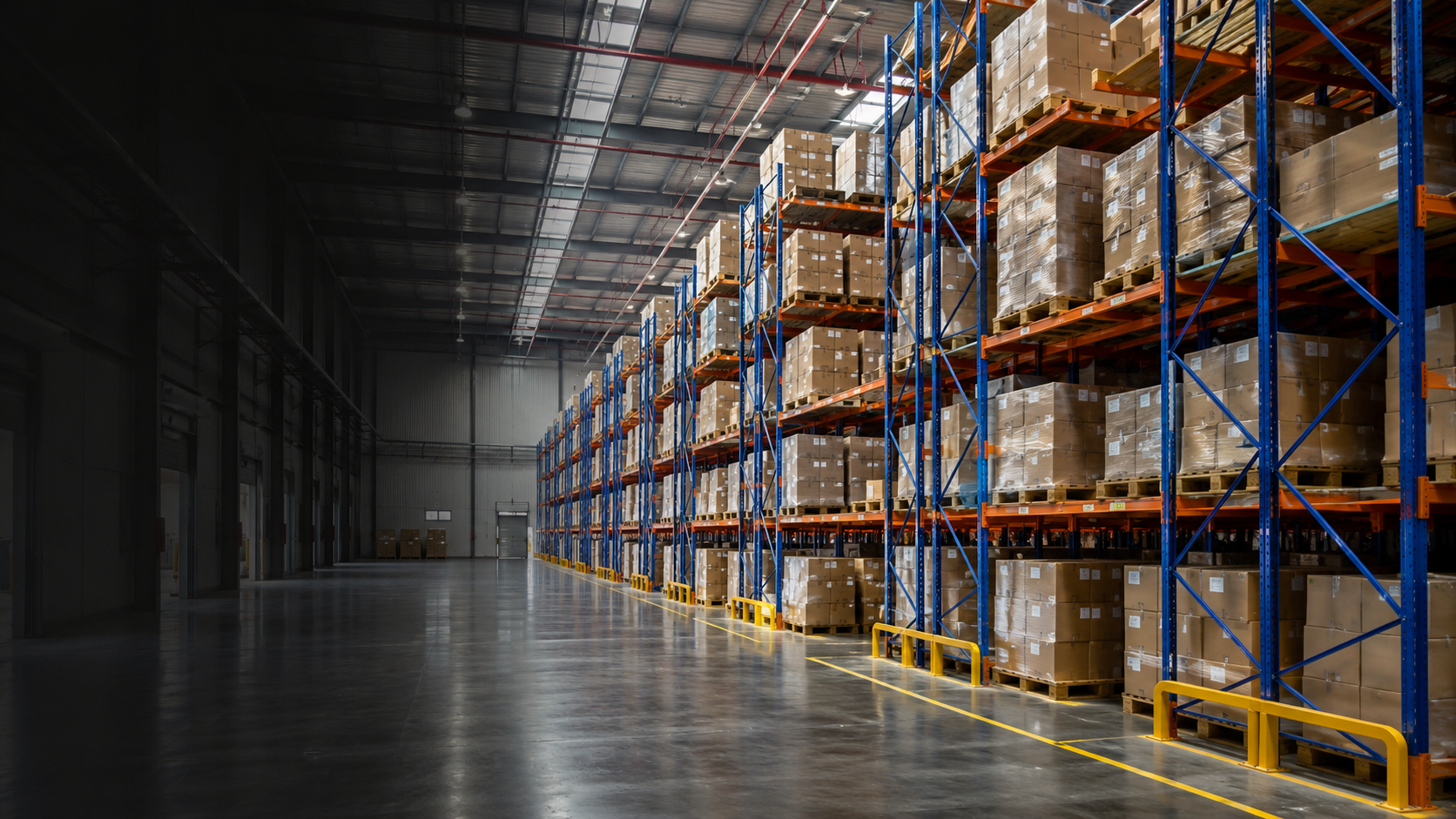 Heavy-duty selective pallet racking in a warehouse