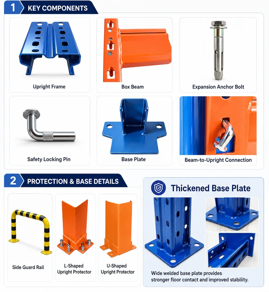Selective pallet racking components and protection accessories