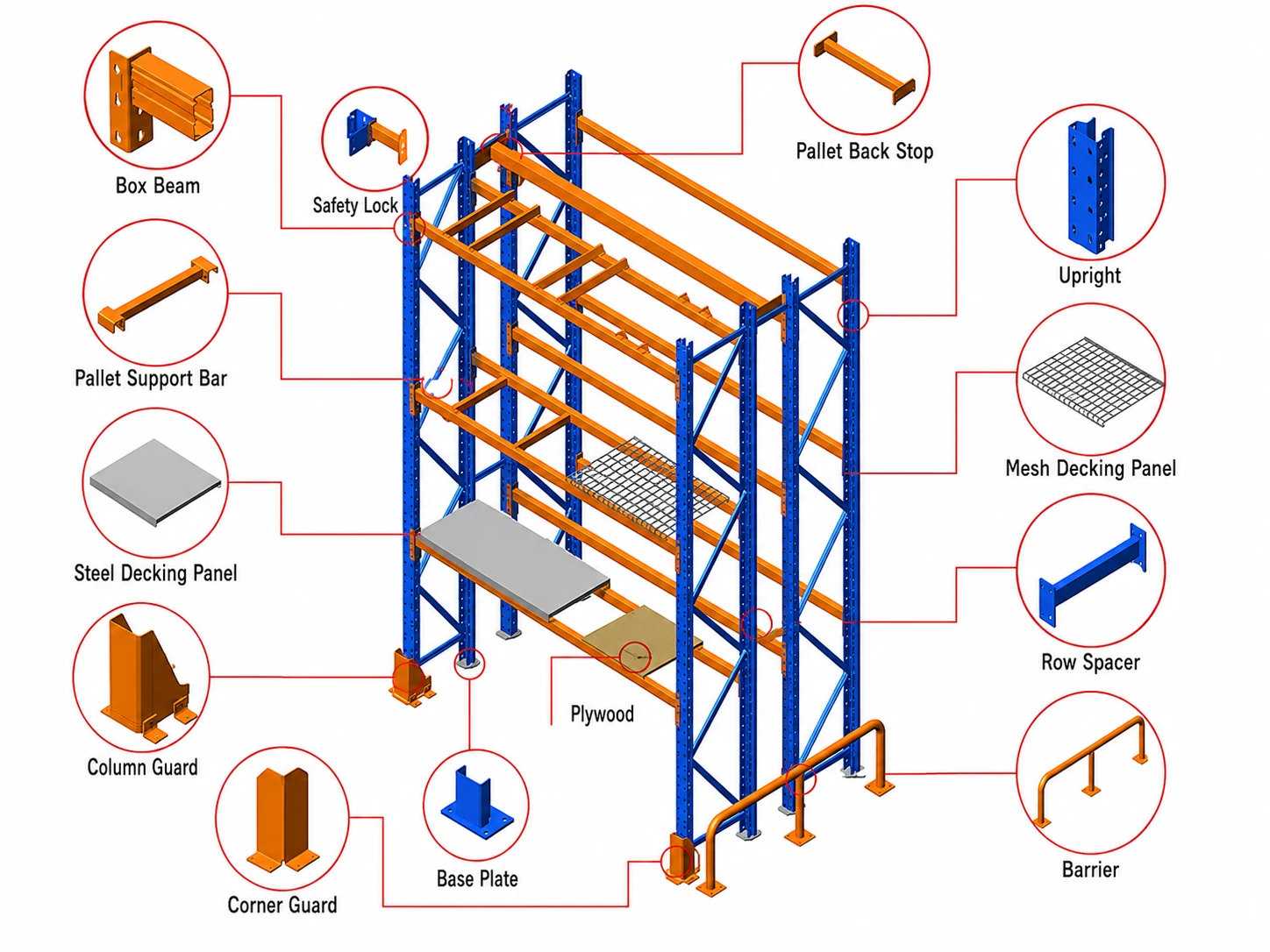 Selective pallet racking structure and accessories diagram
